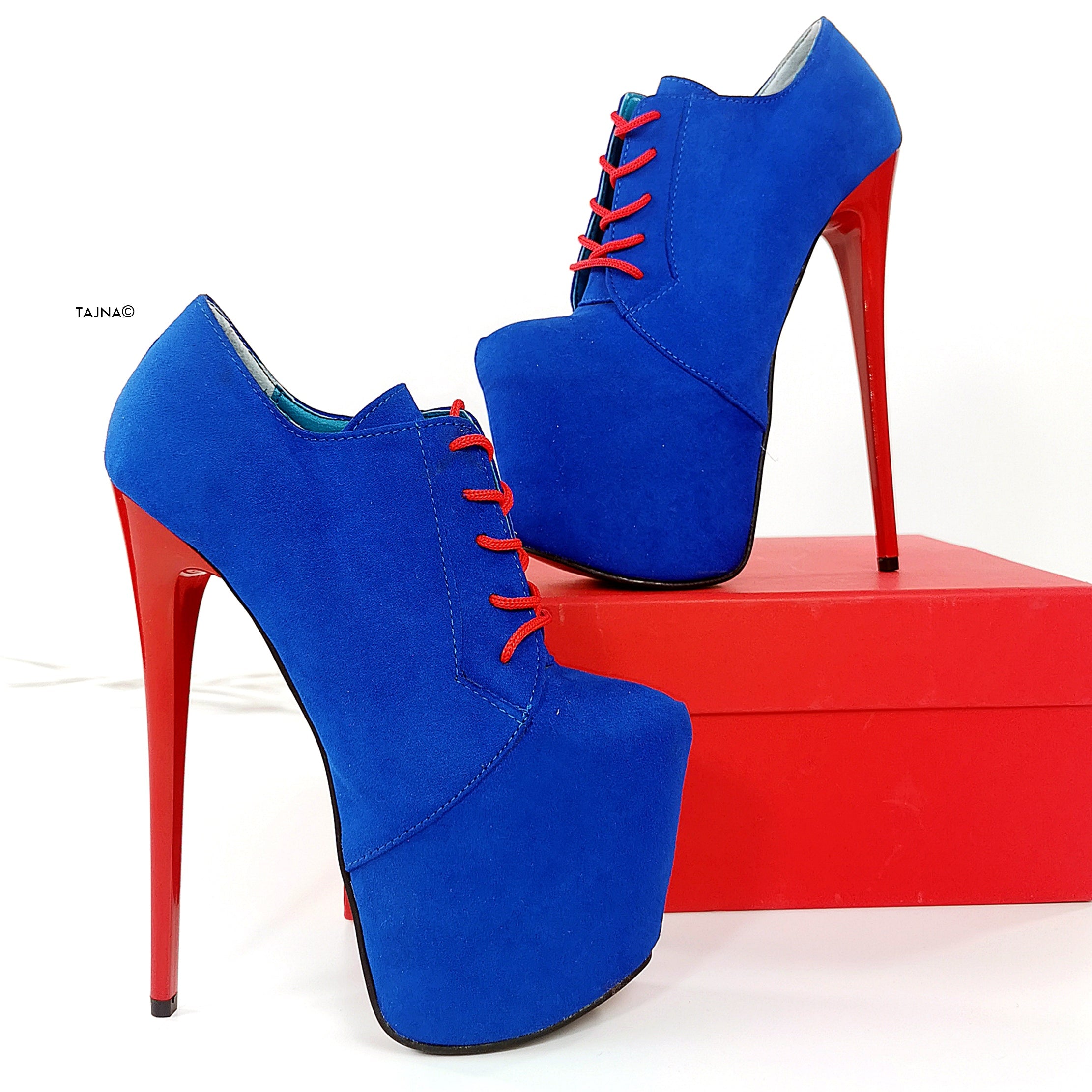 Blue Red Suede Oxford Ankle High Heels - Tajna Club