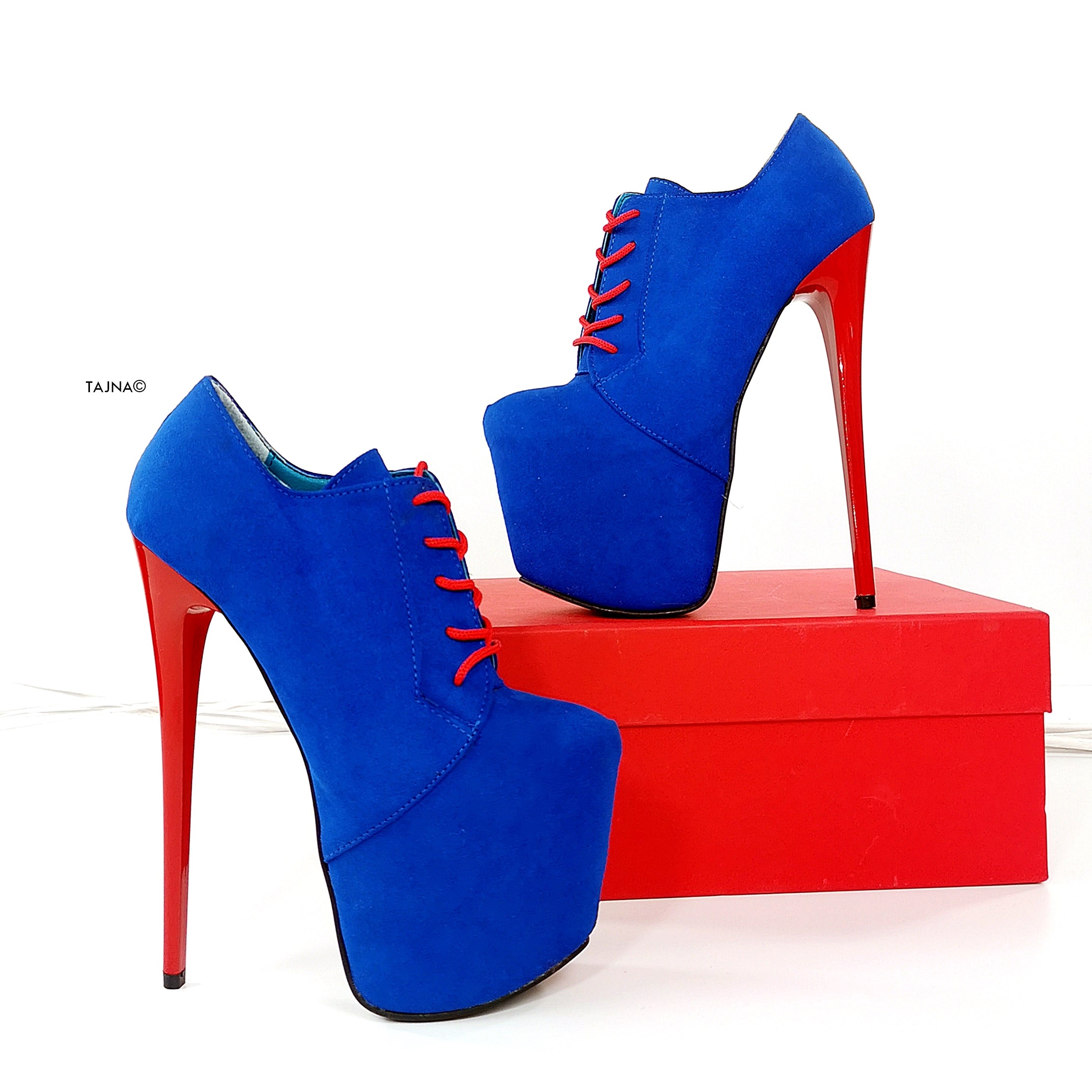 Blue Red Suede Oxford Ankle High Heels - Tajna Club