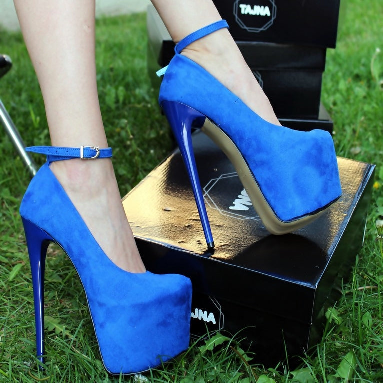 Ankle Strap Blue Faux Suede High Heel Platform Shoes - Tajna Club