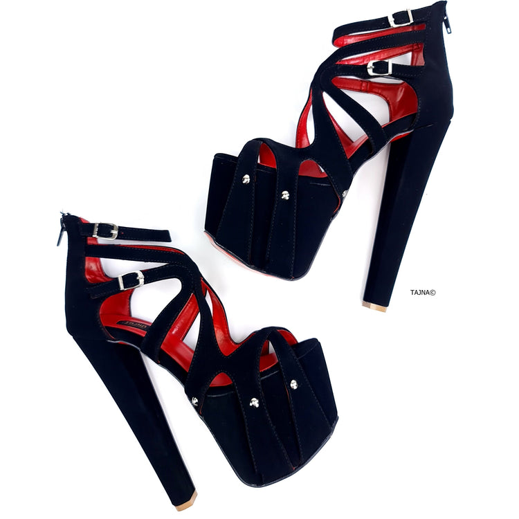 Black Suede Cage Bondage High Heels