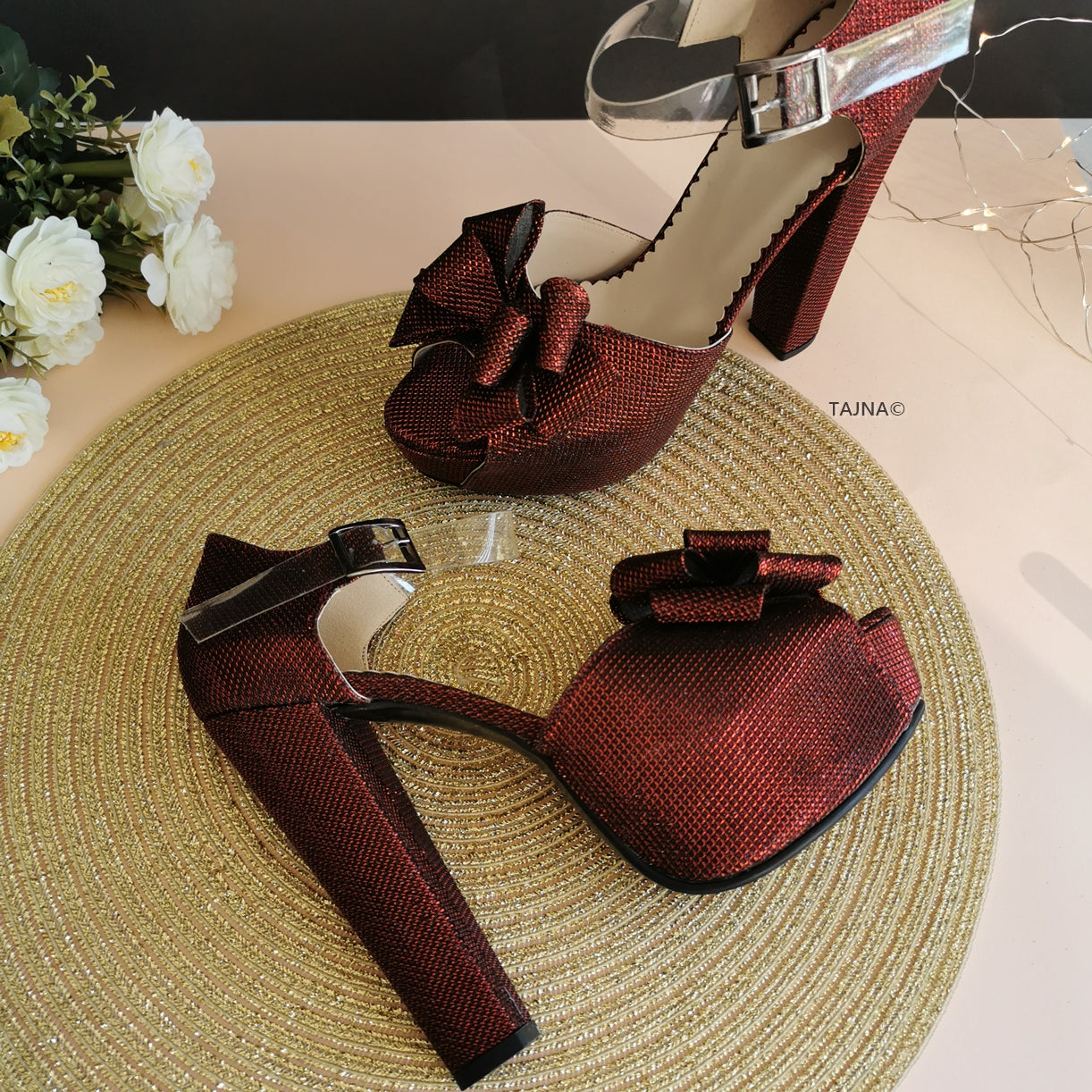 Burgundy Ribbon Transparent Strap Platforms - Tajna Club