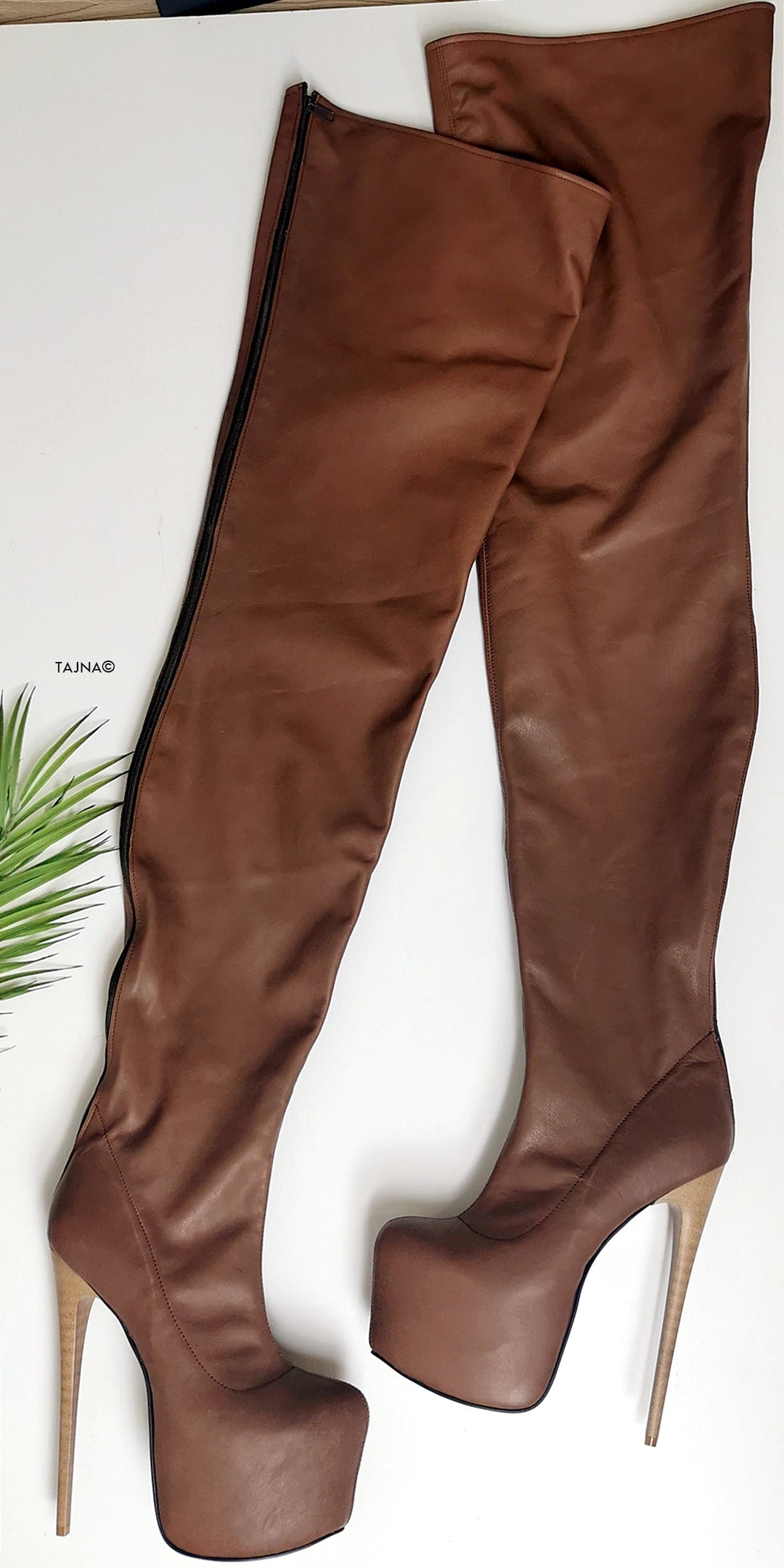 Thigh High Brown Genuine Leather Boots - Tajna Club