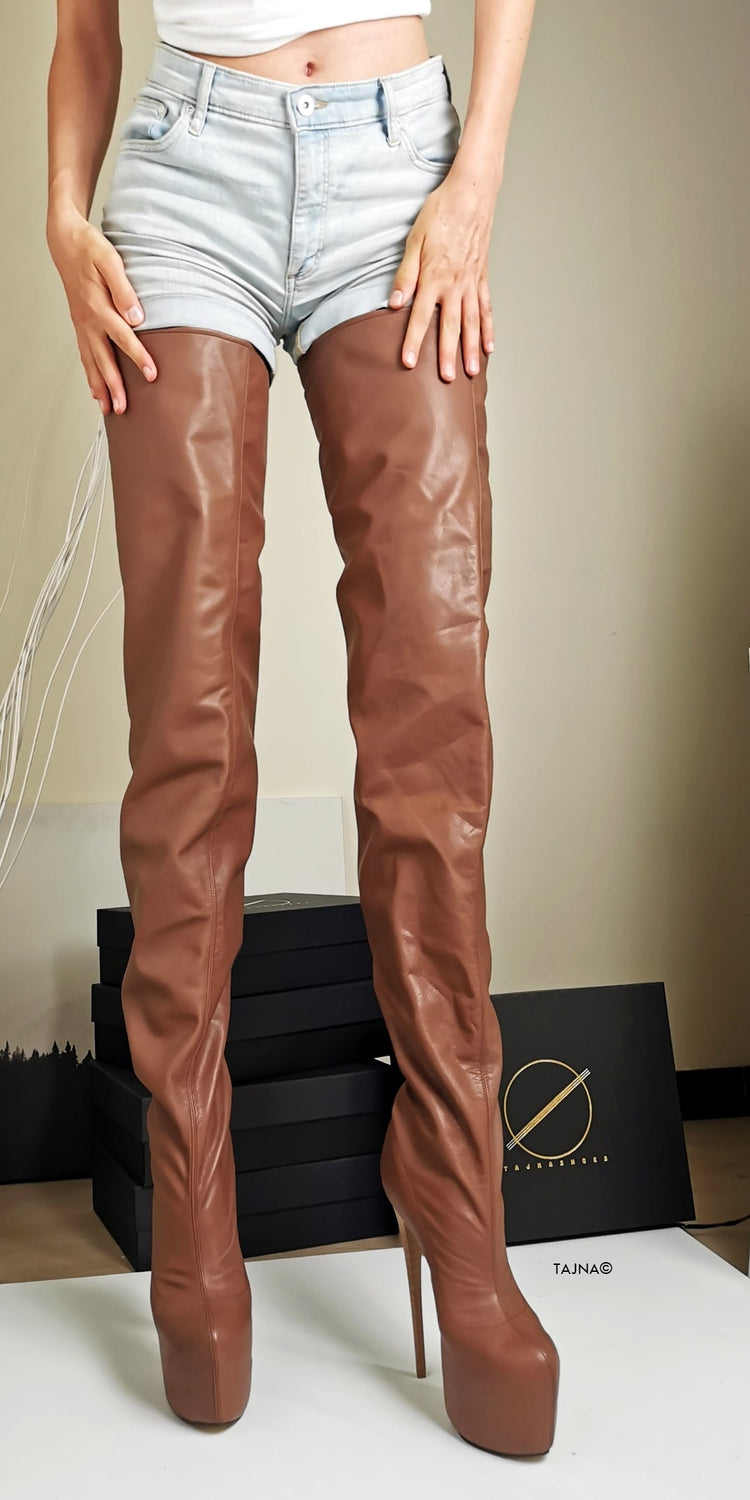 Thigh High Brown Genuine Leather Boots - Tajna Club