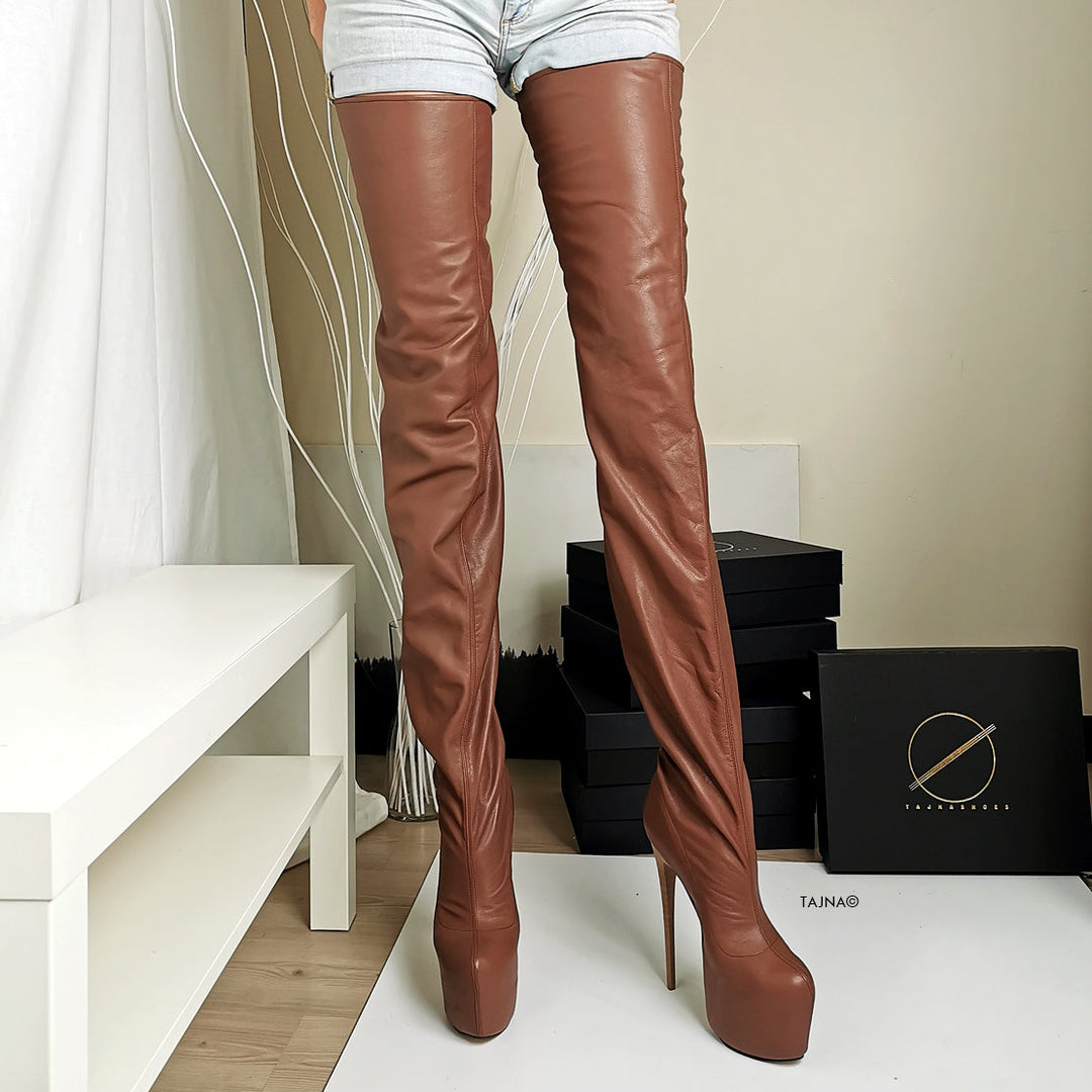 Thigh High Brown Genuine Leather Boots - Tajna Club