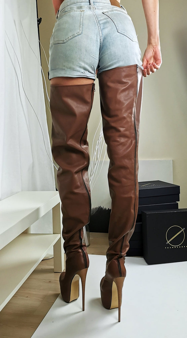 Thigh High Brown Genuine Leather Boots - Tajna Club
