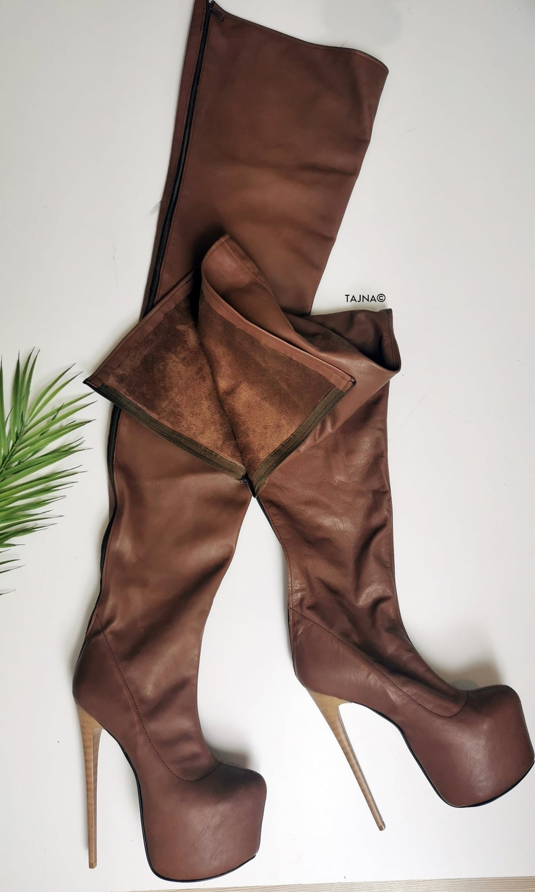 Thigh High Brown Genuine Leather Boots - Tajna Club