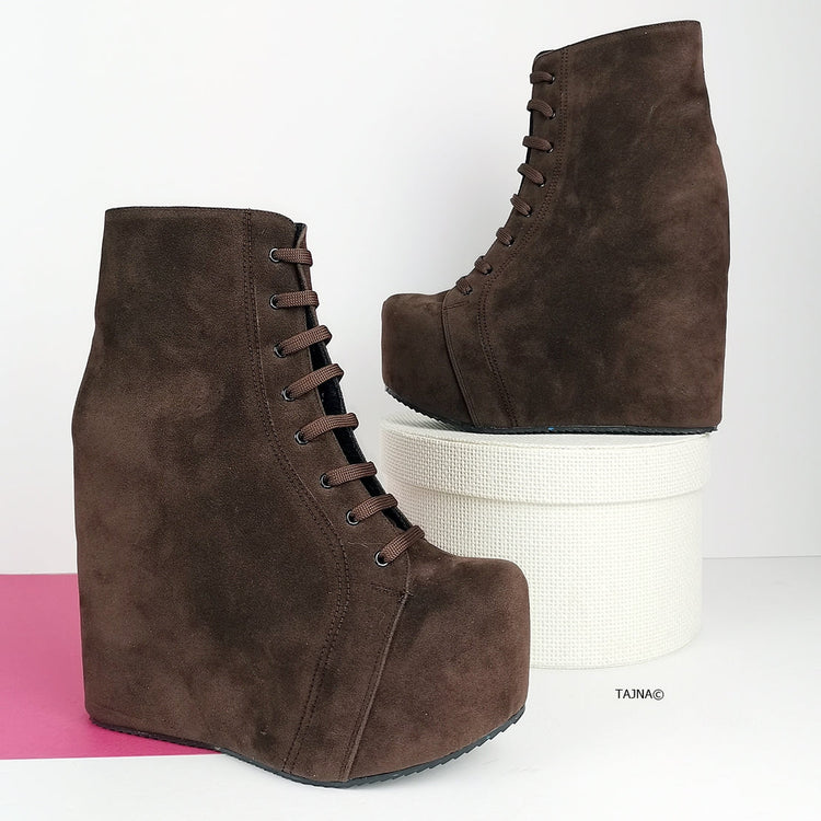 Brown Suede Lace Up Platform Wedge Booties - Tajna Club