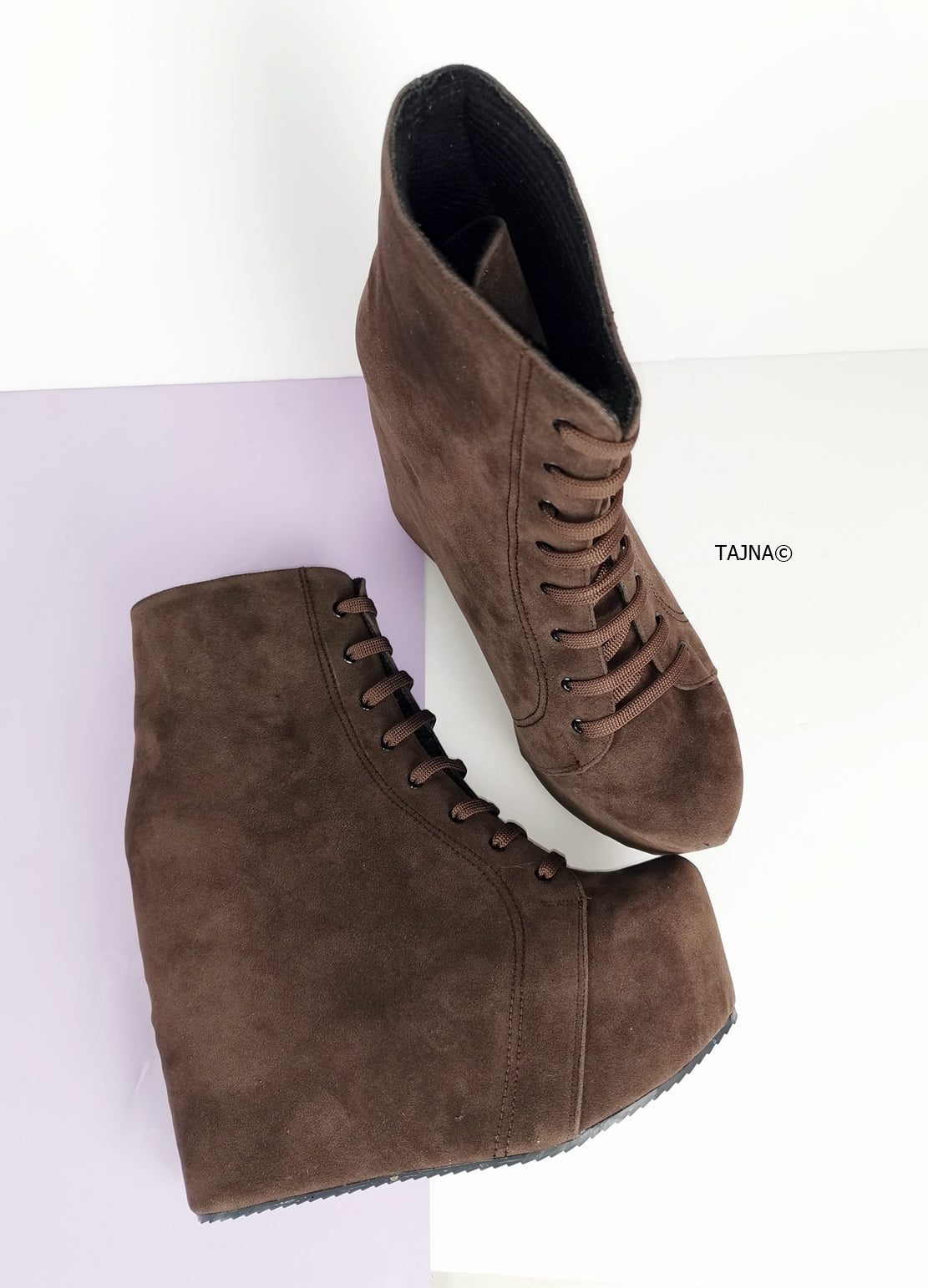 Brown Suede Lace Up Platform Wedge Booties - Tajna Club