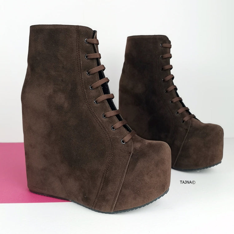 Brown Suede Lace Up Platform Wedge Booties - Tajna Club
