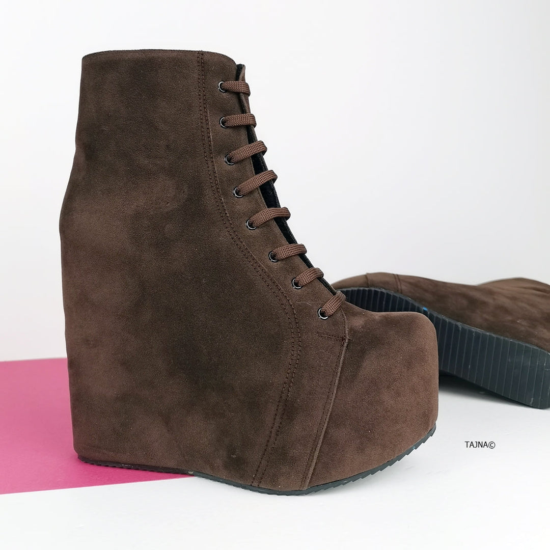 Brown Suede Lace Up Platform Wedge Booties - Tajna Club