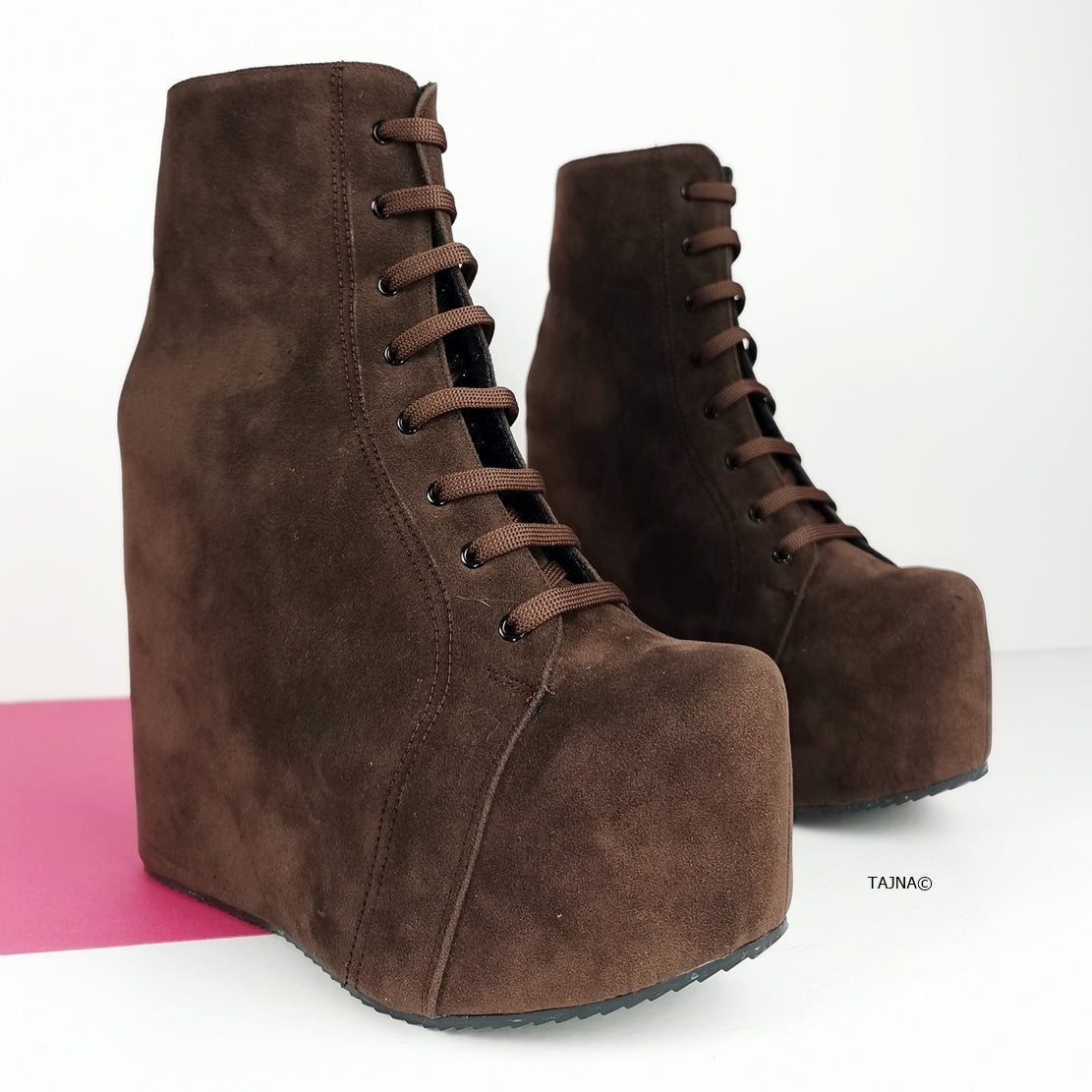 Brown Suede Lace Up Platform Wedge Booties - Tajna Club