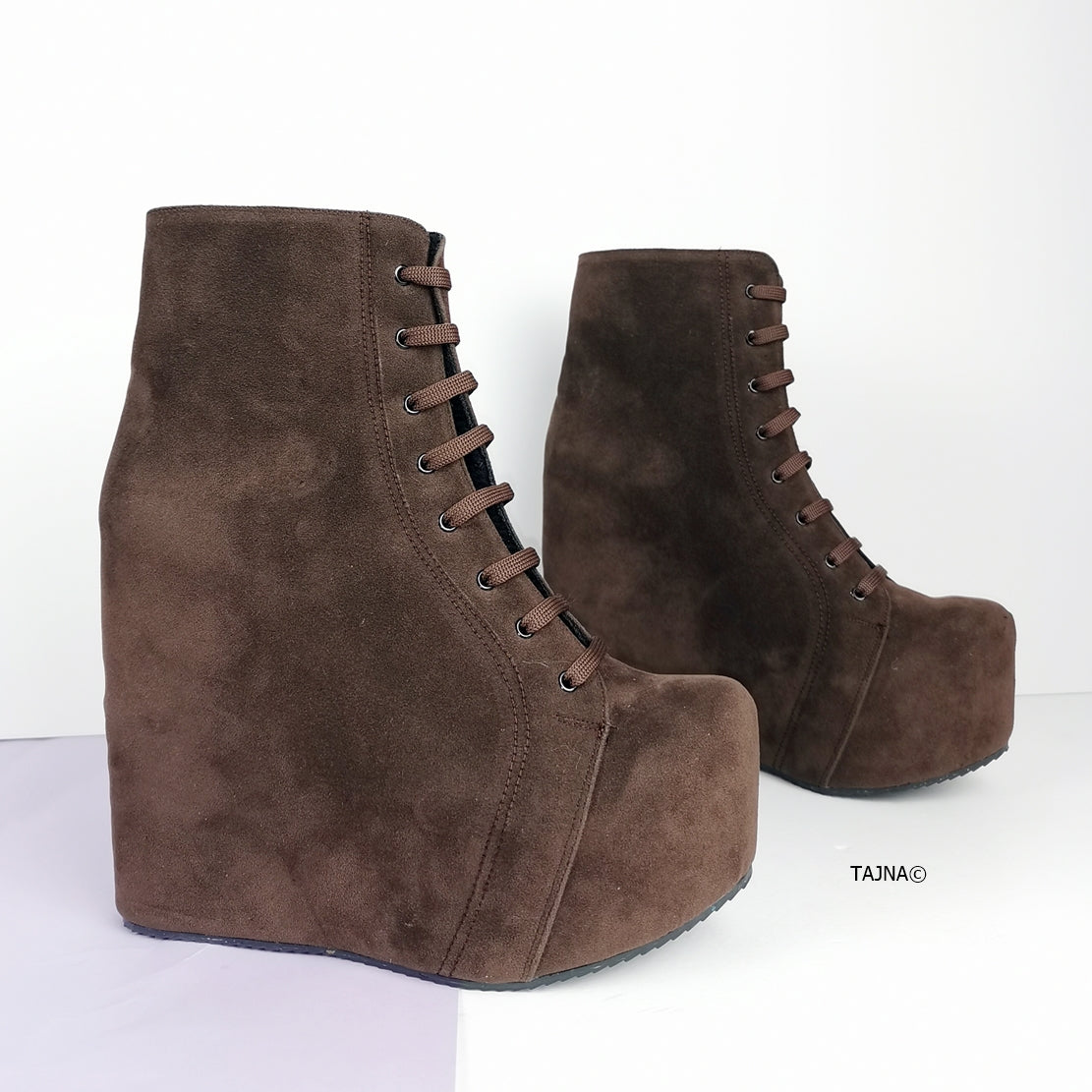 Brown Suede Lace Up Platform Wedge Booties - Tajna Club