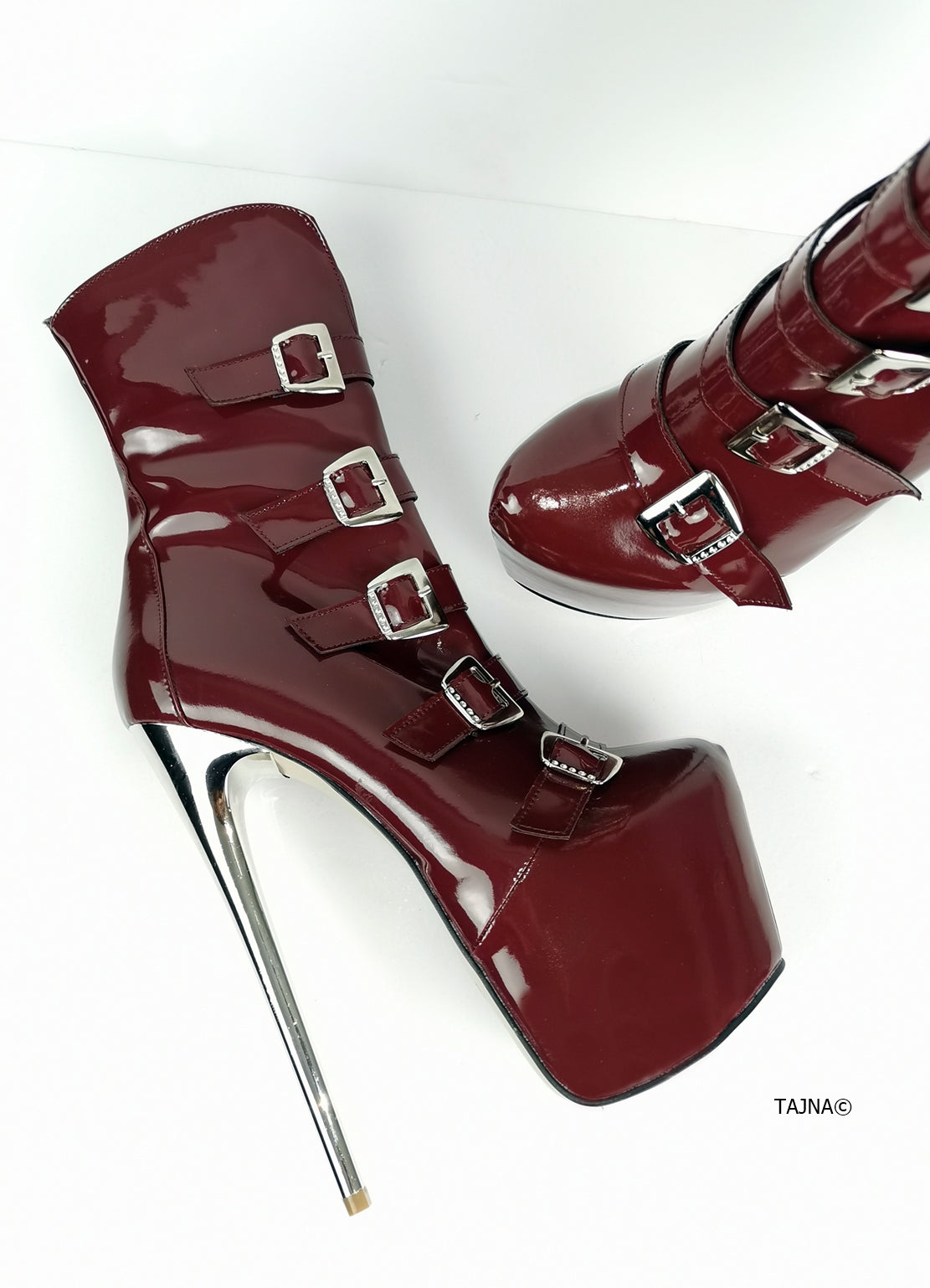 Burgundy Patent Multi Belted Platform Boots - Tajna Club