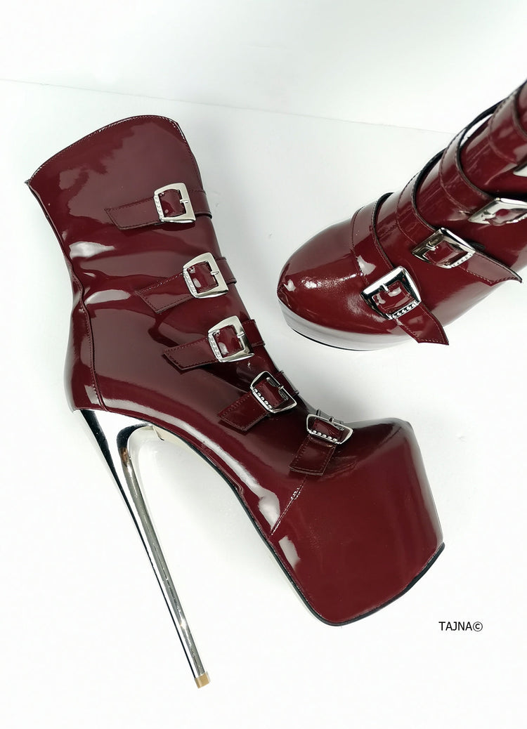 Burgundy Patent Multi Belted Platform Boots - Tajna Club