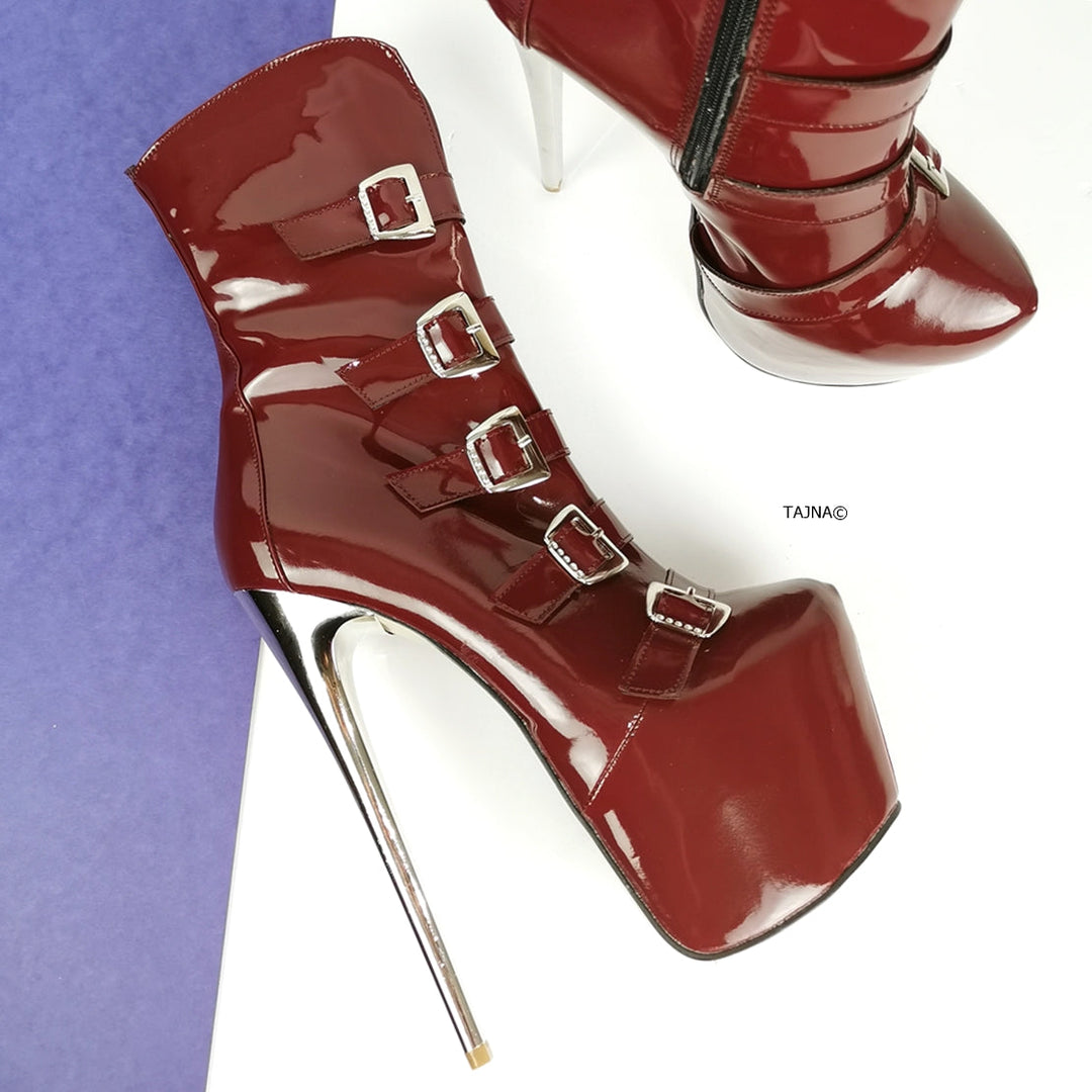 Burgundy Patent Multi Belted Platform Boots - Tajna Club