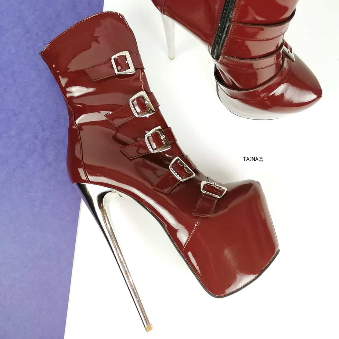 Burgundy Patent Multi Belted Platform Boots - Tajna Club