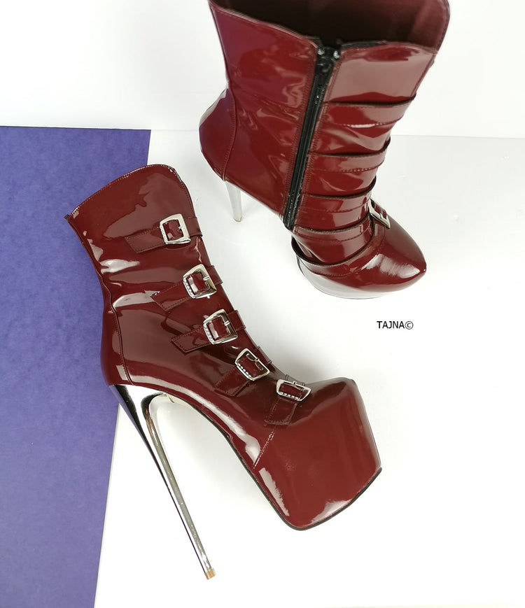 Burgundy Patent Multi Belted Platform Boots - Tajna Club