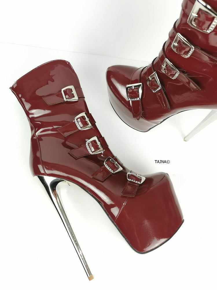 Burgundy Patent Multi Belted Platform Boots - Tajna Club
