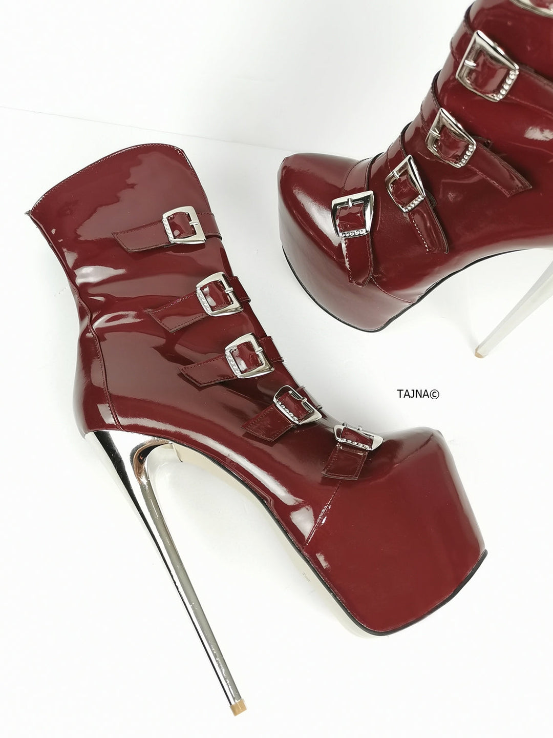 Burgundy Patent Multi Belted Platform Boots - Tajna Club