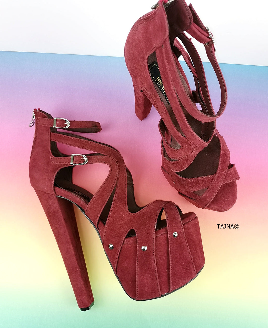 Bordeaux Wine Suede Cage Platform Heels - Tajna Club