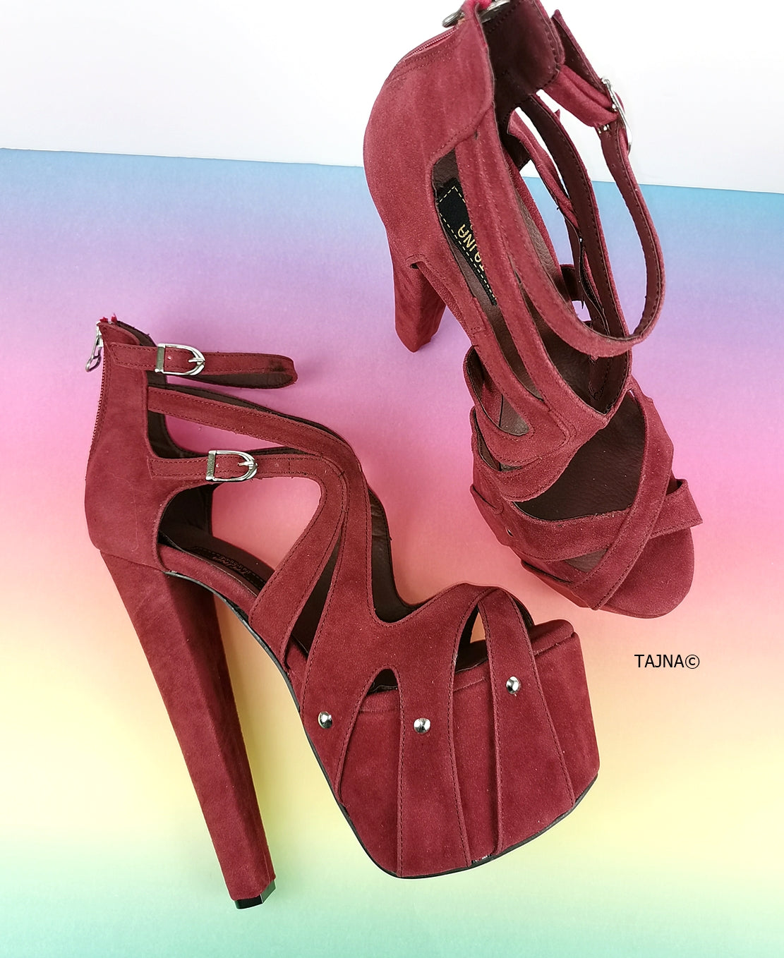 Bordeaux Wine Suede Cage Platform Heels - Tajna Club