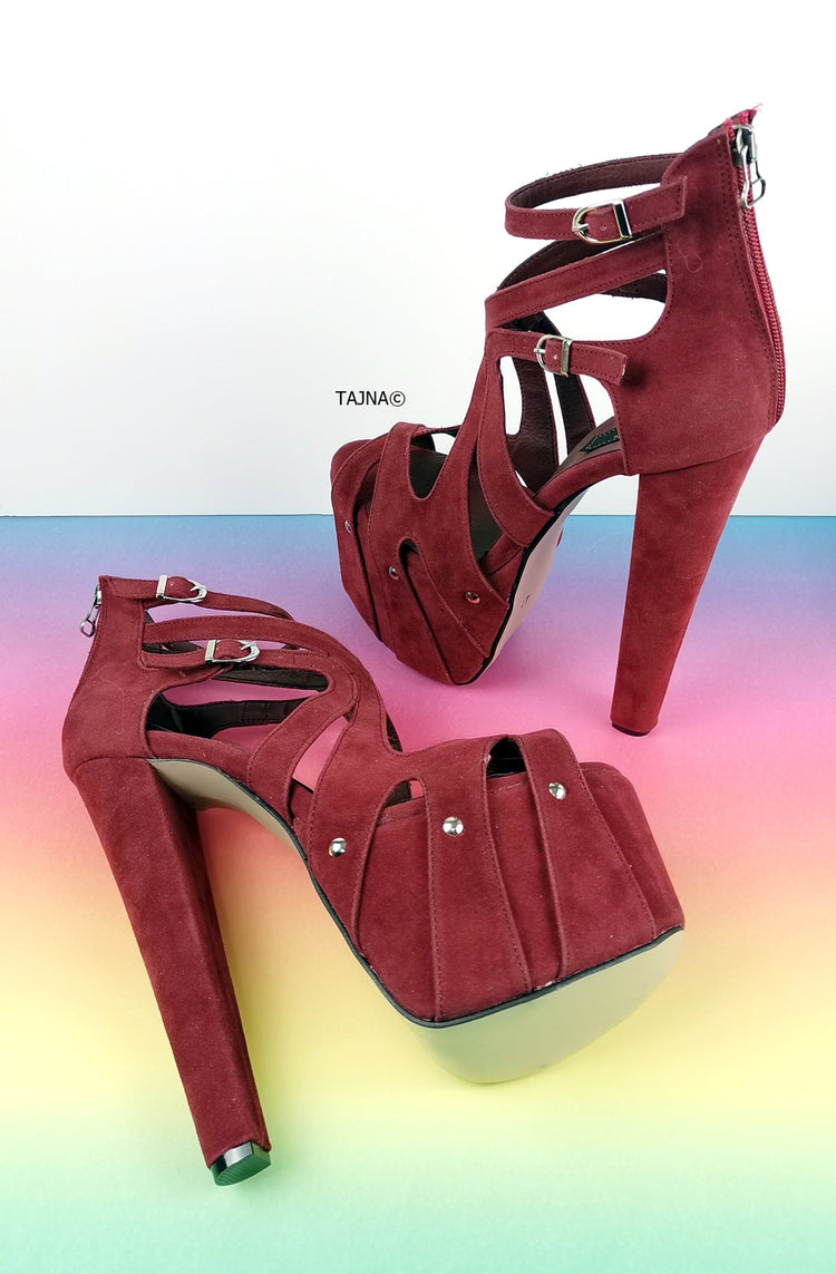 Bordeaux Wine Suede Cage Platform Heels - Tajna Club