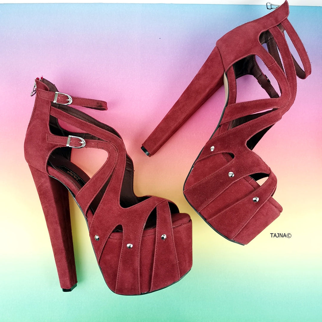 Bordeaux Wine Suede Cage Platform Heels - Tajna Club
