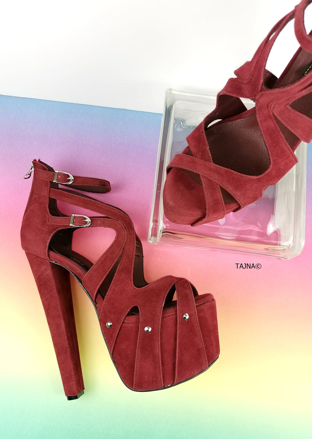 Bordeaux Wine Suede Cage Platform Heels - Tajna Club