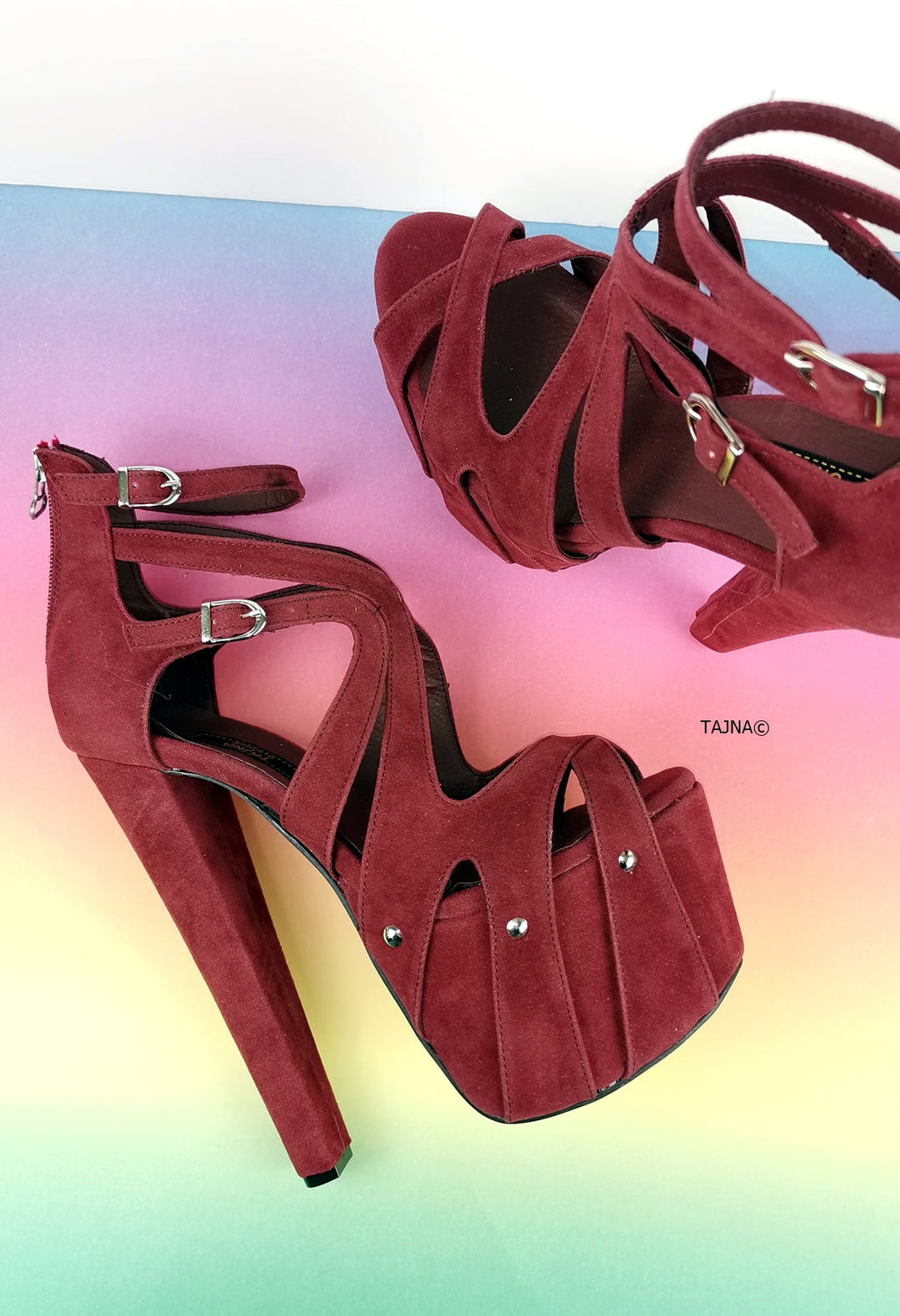 Bordeaux Wine Suede Cage Platform Heels - Tajna Club