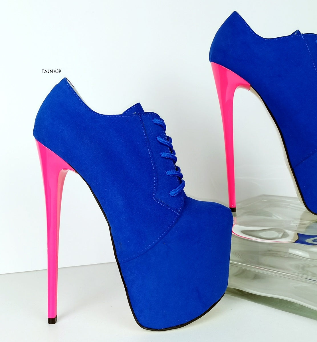 Blue Suede Pink Lace Up Oxford Heels - Tajna Club