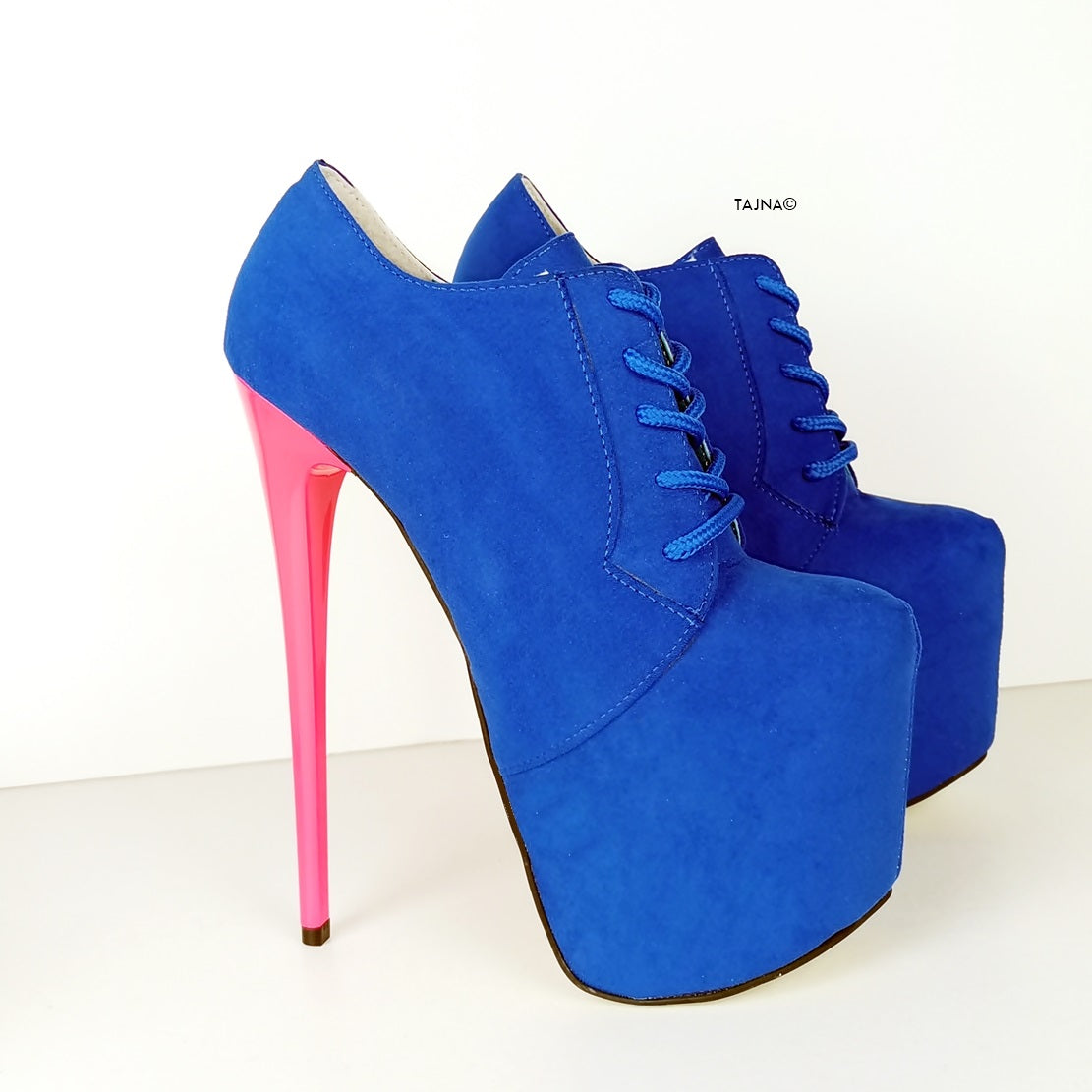 Blue Suede Pink Lace Up Oxford Heels - Tajna Club