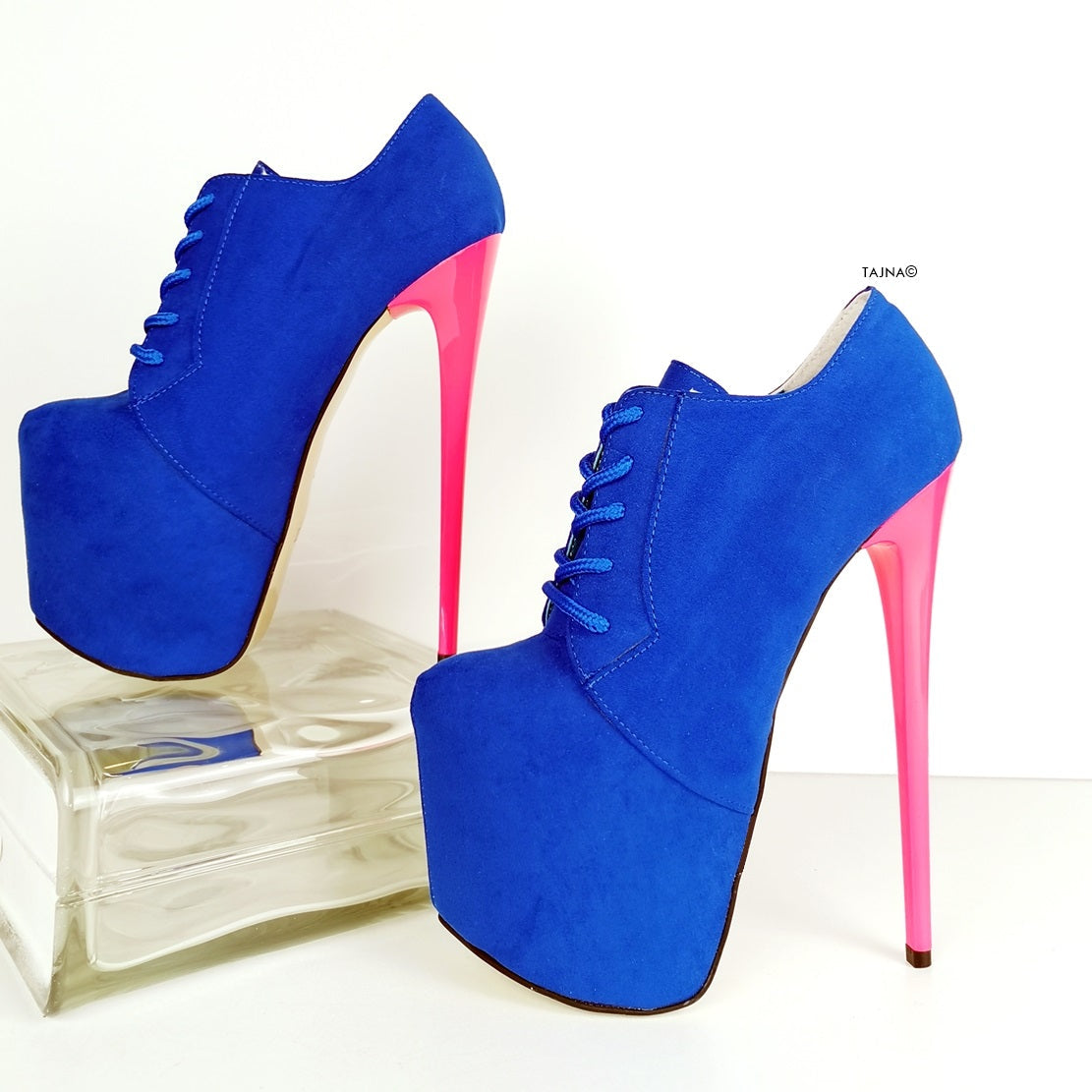 Blue Suede Pink Lace Up Oxford Heels - Tajna Club
