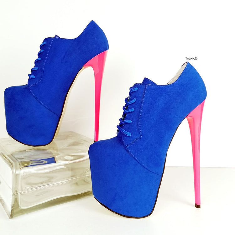 Blue Suede Pink Lace Up Oxford Heels - Tajna Club
