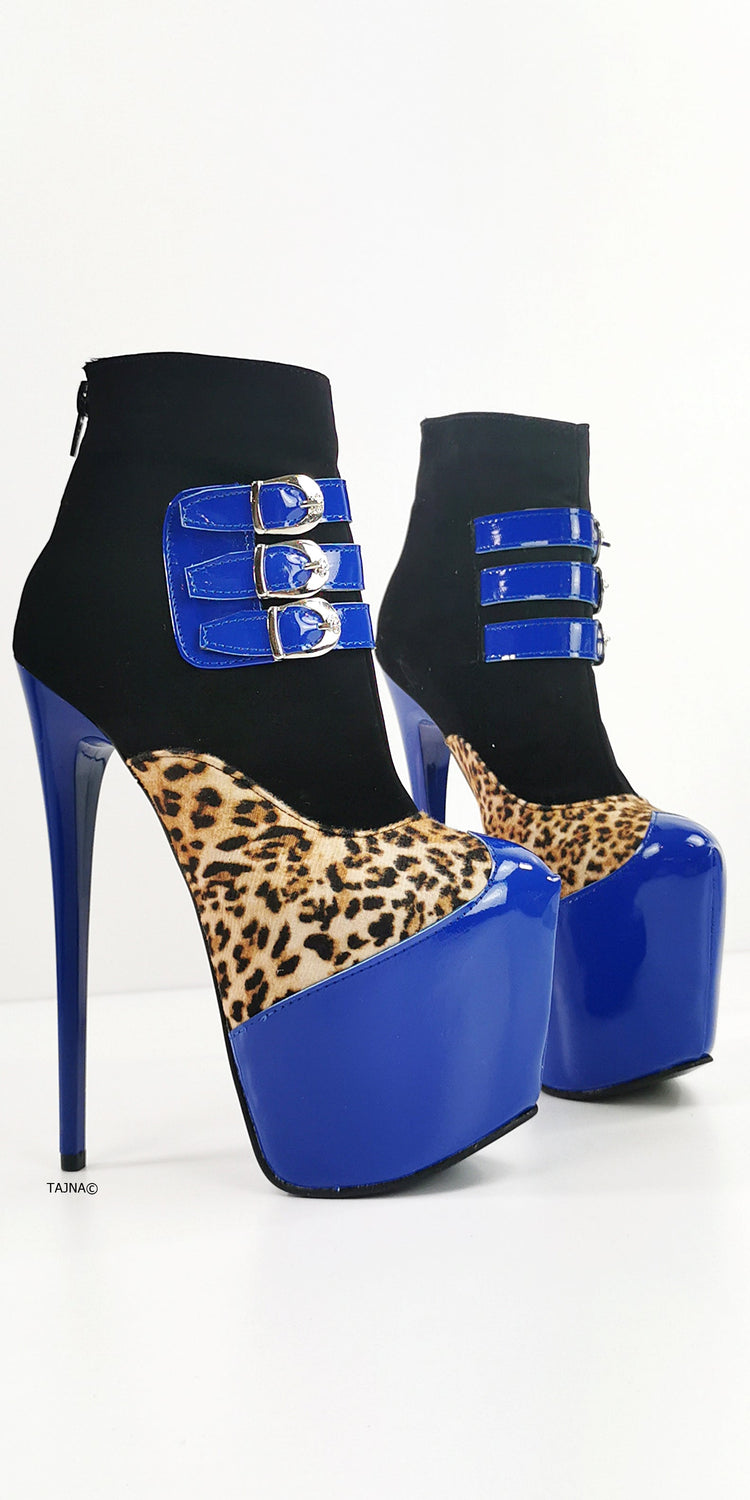 Blue Gloss Leopard Detail Ankle Heel Boots - Tajna Club