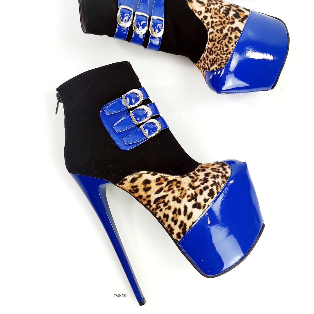 Blue Gloss Leopard Detail Ankle Heel Boots - Tajna Club