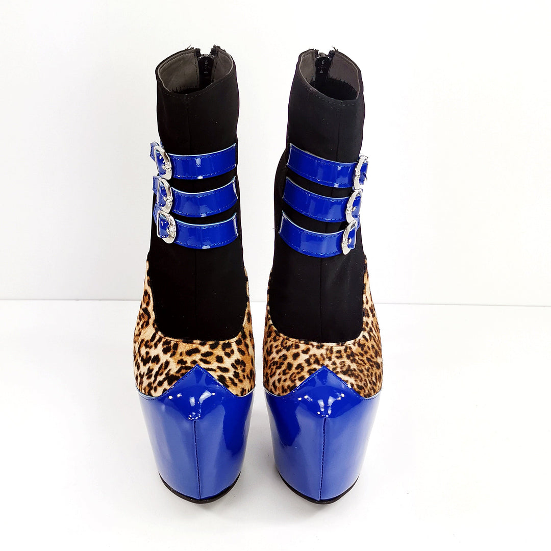 Blue Gloss Leopard Detail Ankle Heel Boots - Tajna Club