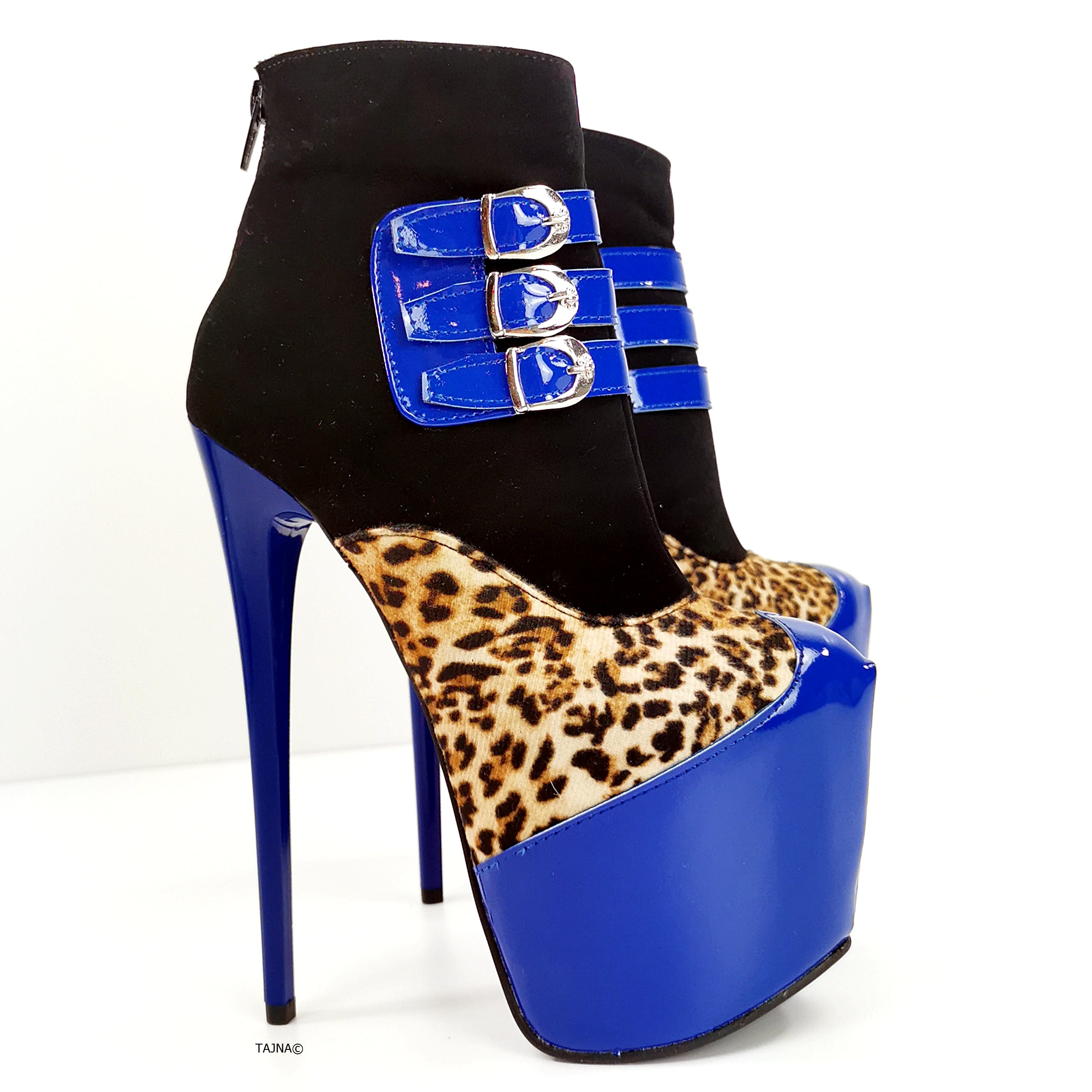 Blue Gloss Leopard Detail Ankle Heel Boots - Tajna Club