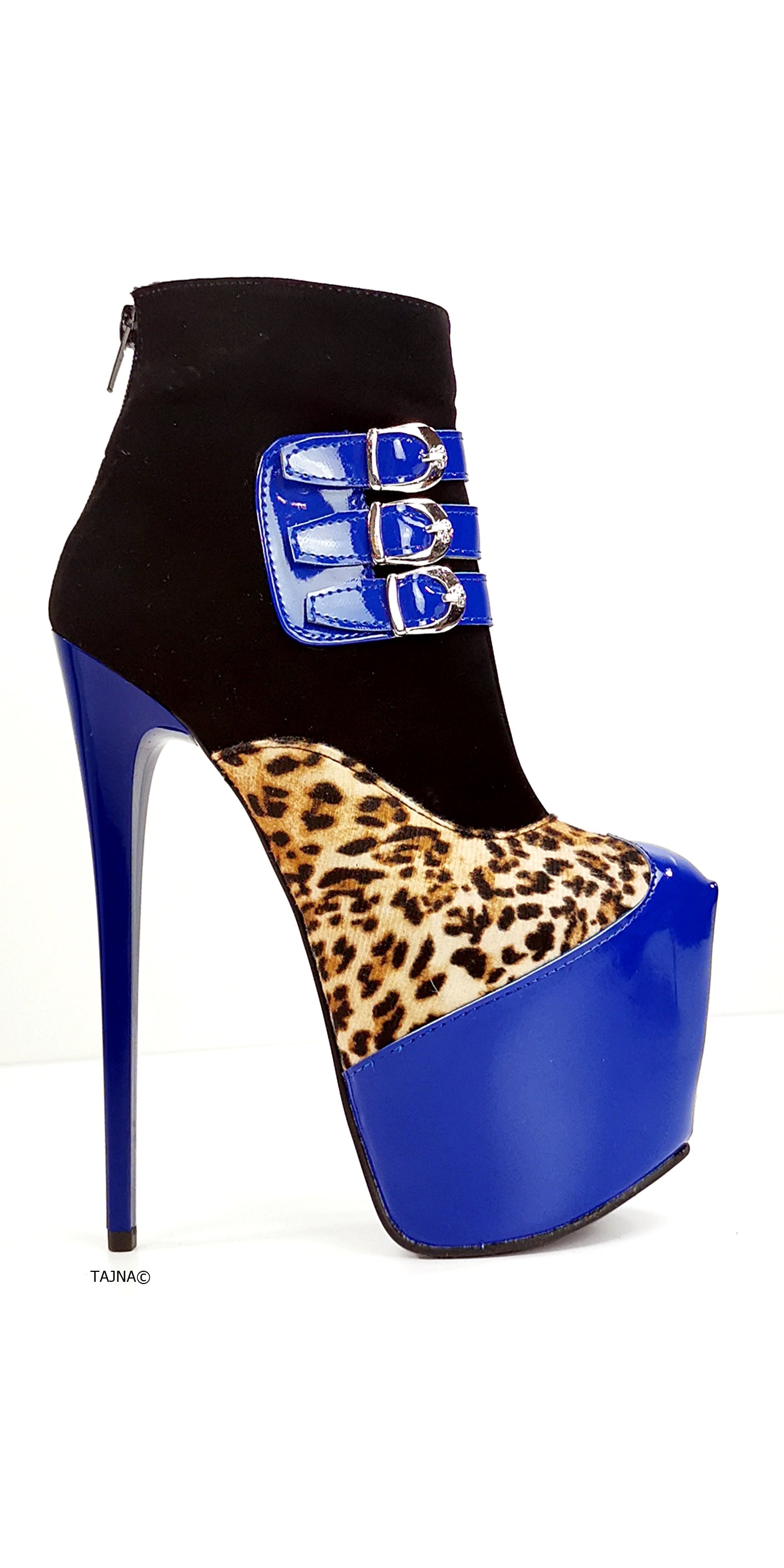 Blue Gloss Leopard Detail Ankle Heel Boots - Tajna Club