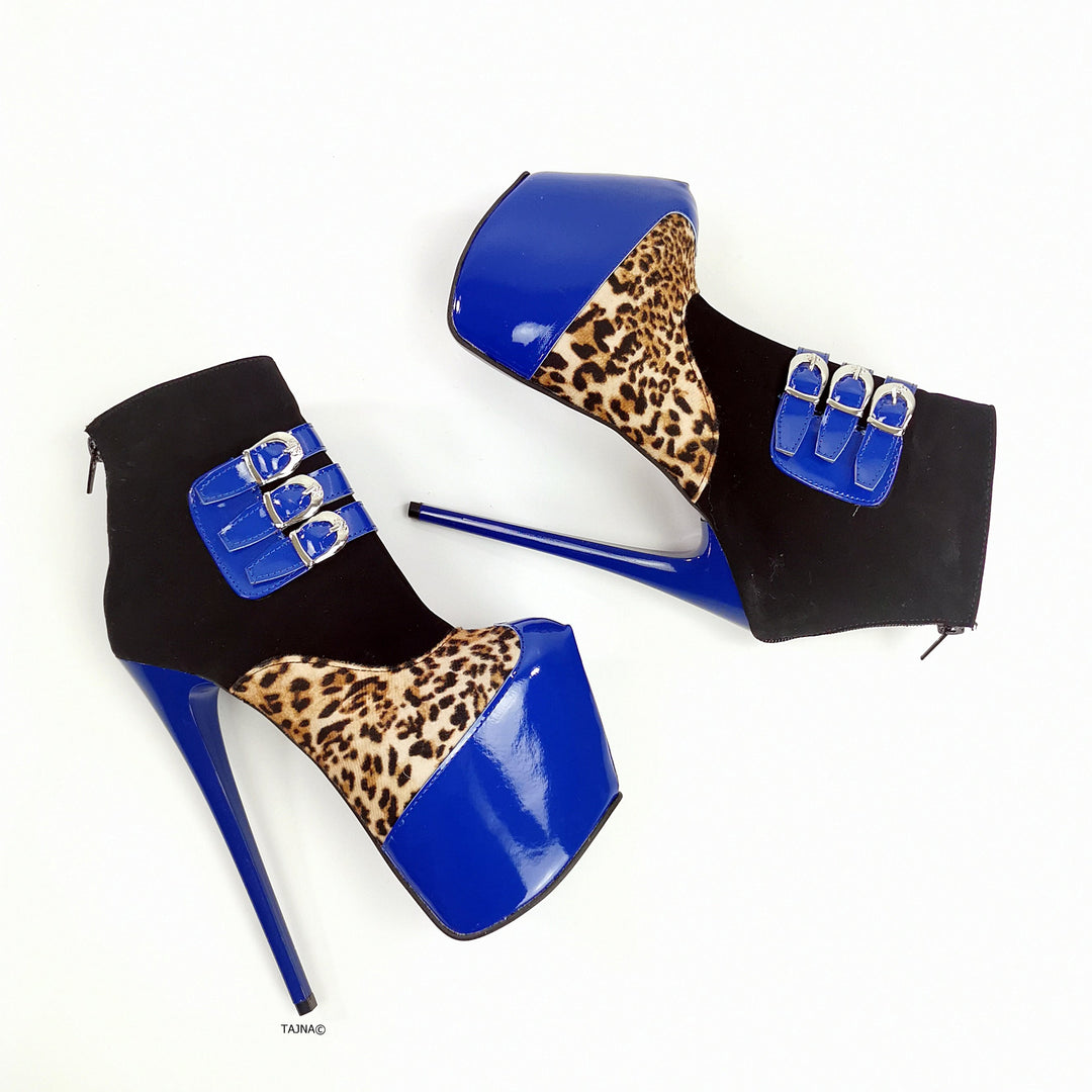 Blue Gloss Leopard Detail Ankle Heel Boots - Tajna Club