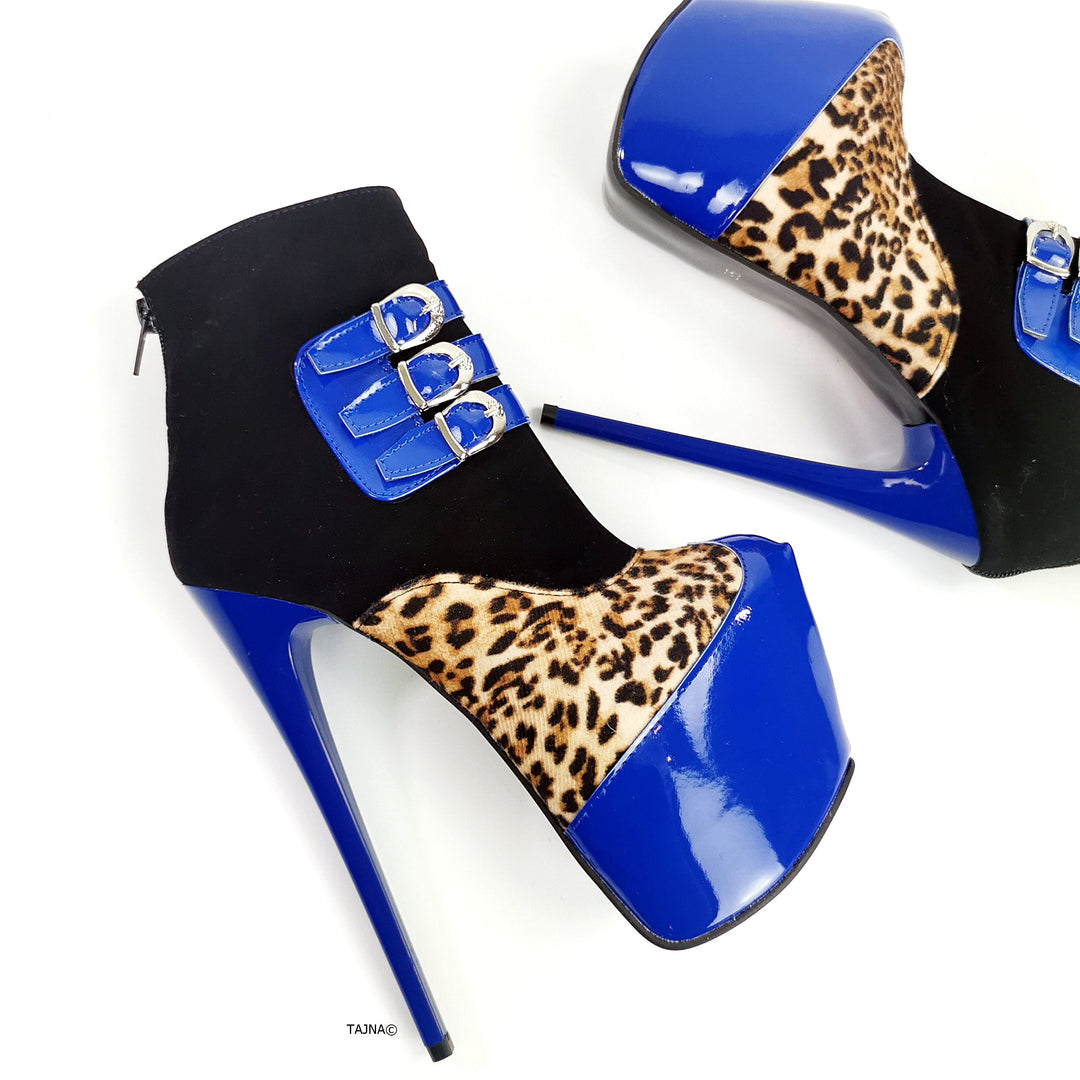 Blue Gloss Leopard Detail Ankle Heel Boots - Tajna Club
