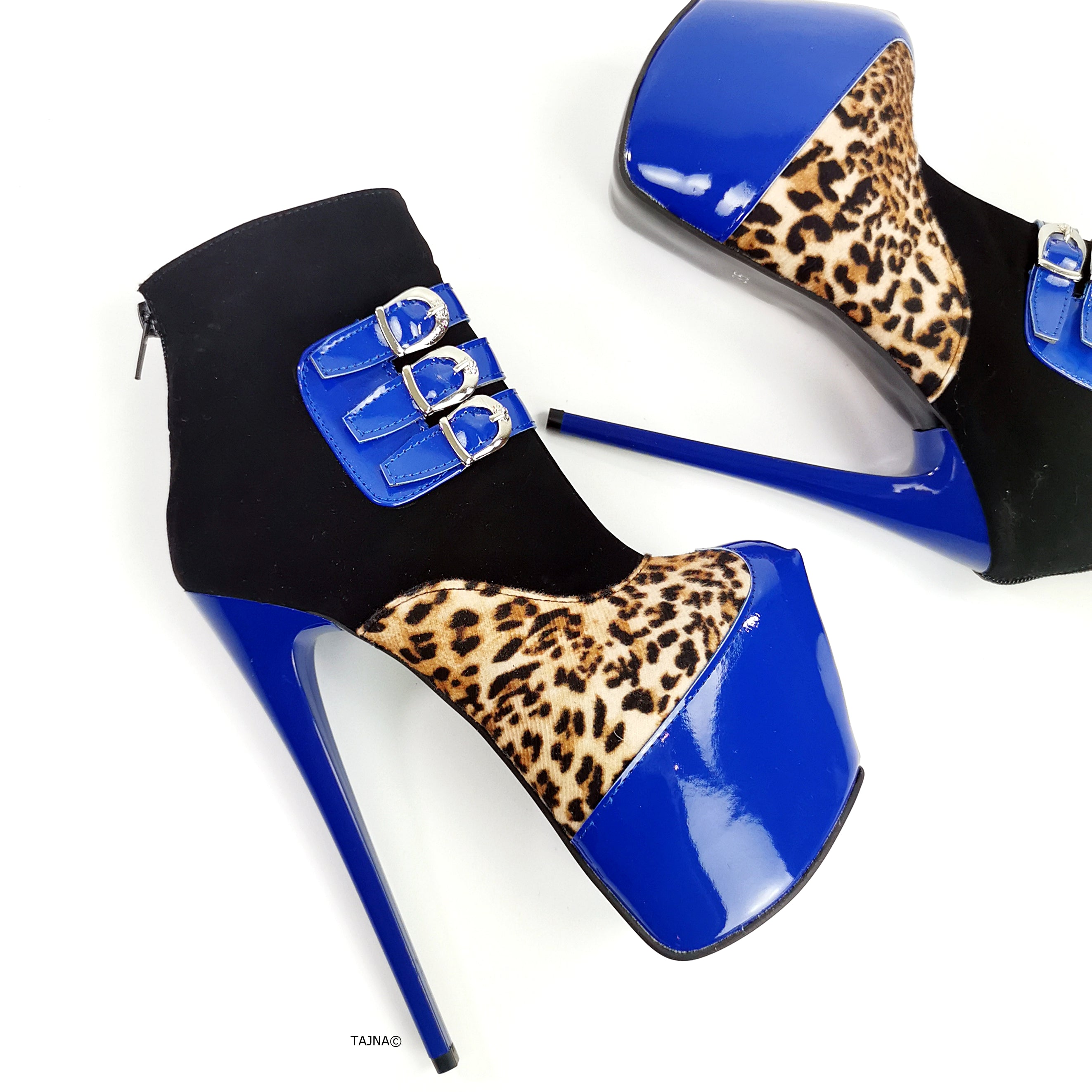 Blue Gloss Leopard Detail Ankle Heel Boots - Tajna Club