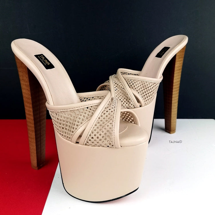 Cream Nude Fishnet Strap Mules - Tajna Club