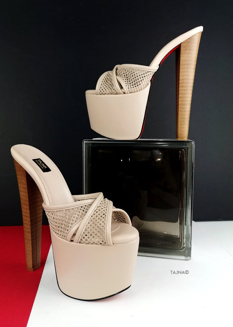 Cream Nude Fishnet Strap Mules - Tajna Club
