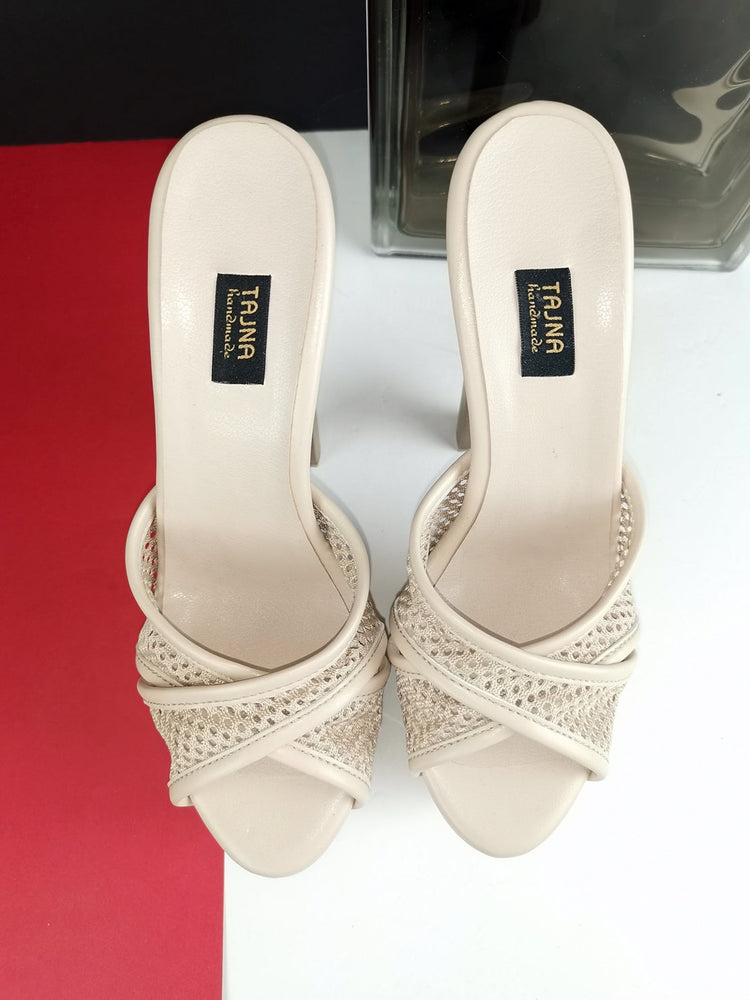 Cream Nude Fishnet Strap Mules - Tajna Club