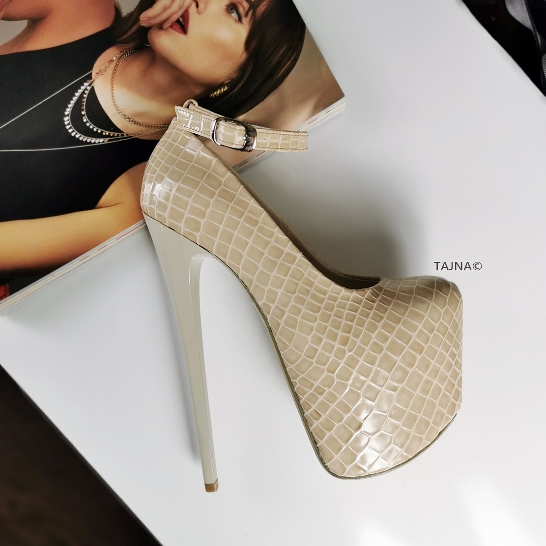 Cream Croco Ankle Strap Heels - Tajna Club