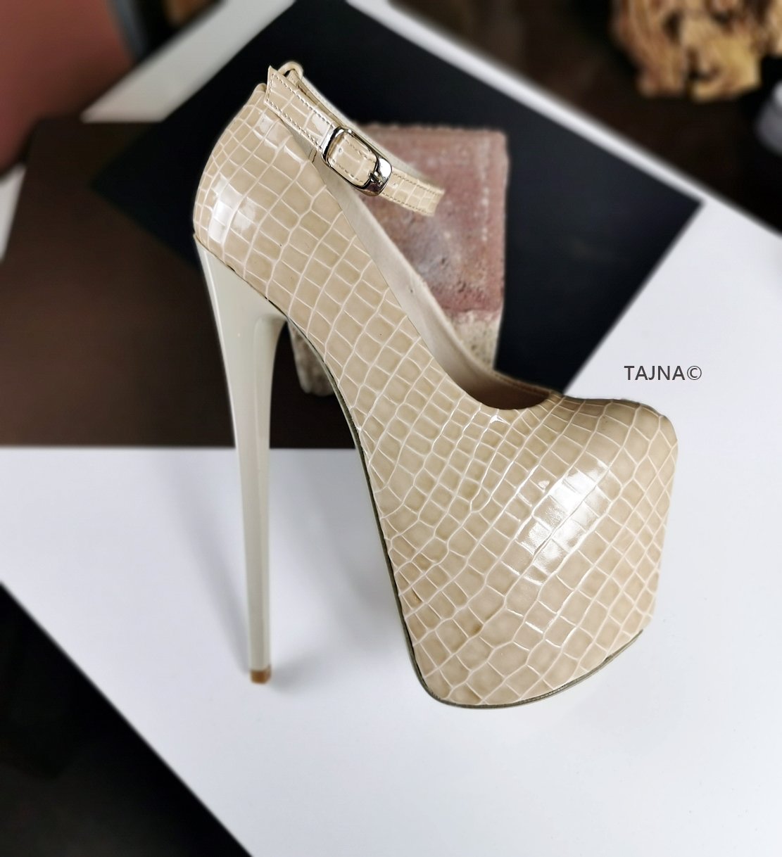 Cream Croco Ankle Strap Heels - Tajna Club
