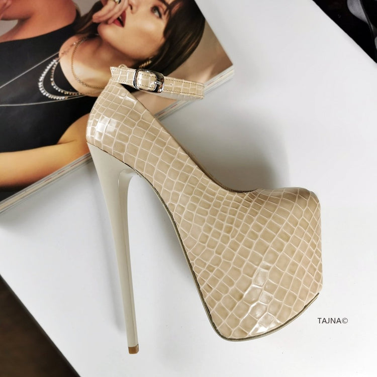 Cream Croco Ankle Strap Heels - Tajna Club