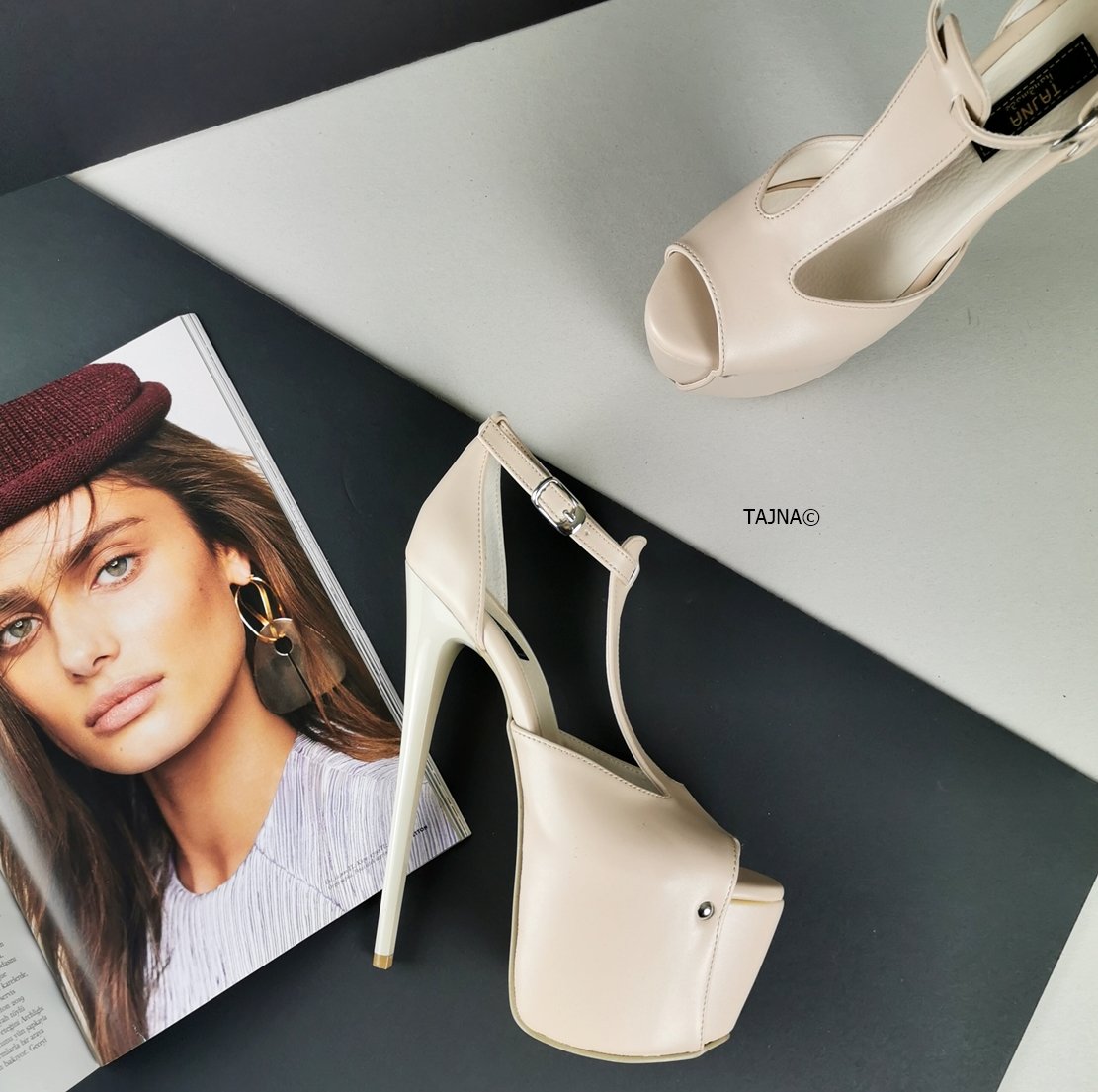 Cream Nude T-Strap High Heels - Tajna Club