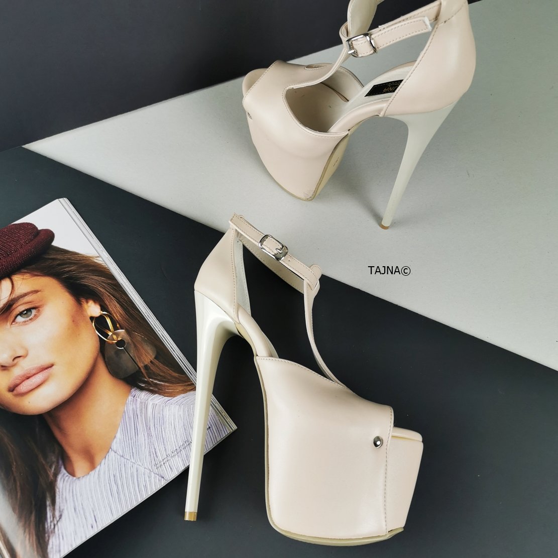 Cream Nude T-Strap High Heels - Tajna Club