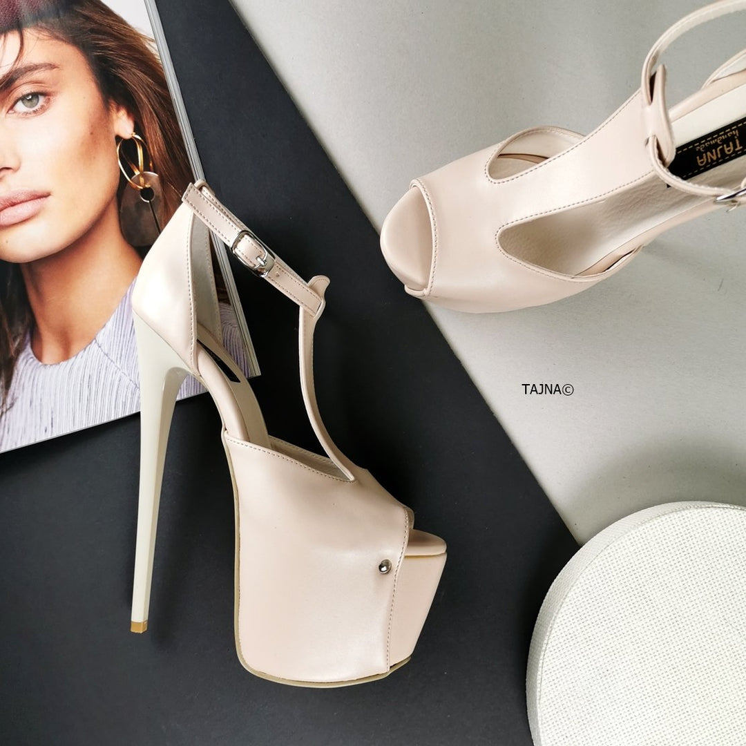 Cream Nude T-Strap High Heels - Tajna Club